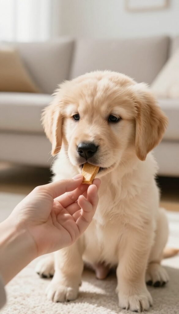 Hand giving a treat to a puppy during a training session in a bright living room