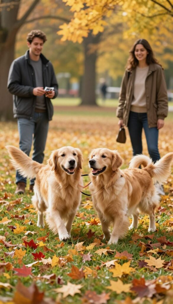 Two dogs playing in an autumn park while their owners watch from a short distance, illustrating a recall training game with a buddy.