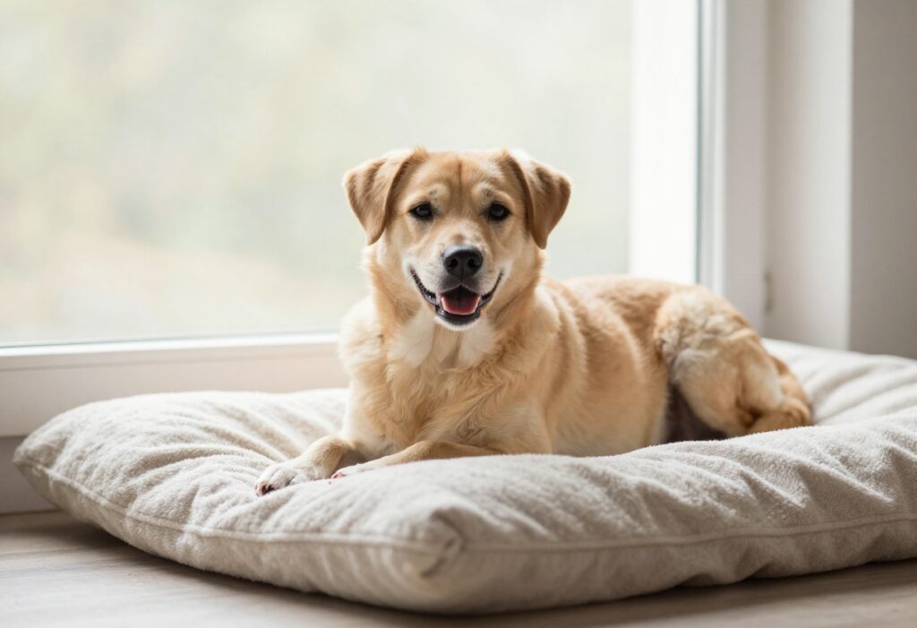 Happy dog relaxing at home by a window