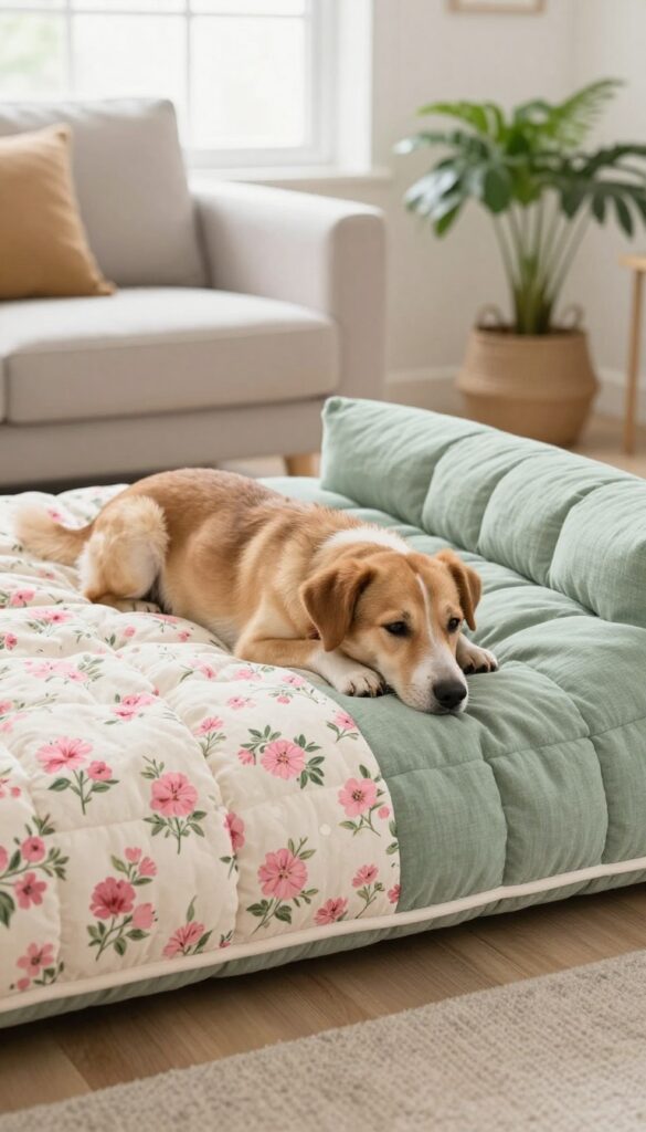 Reversible quilted dog bed with floral and sage green sides, dog resting on it in a bright living room