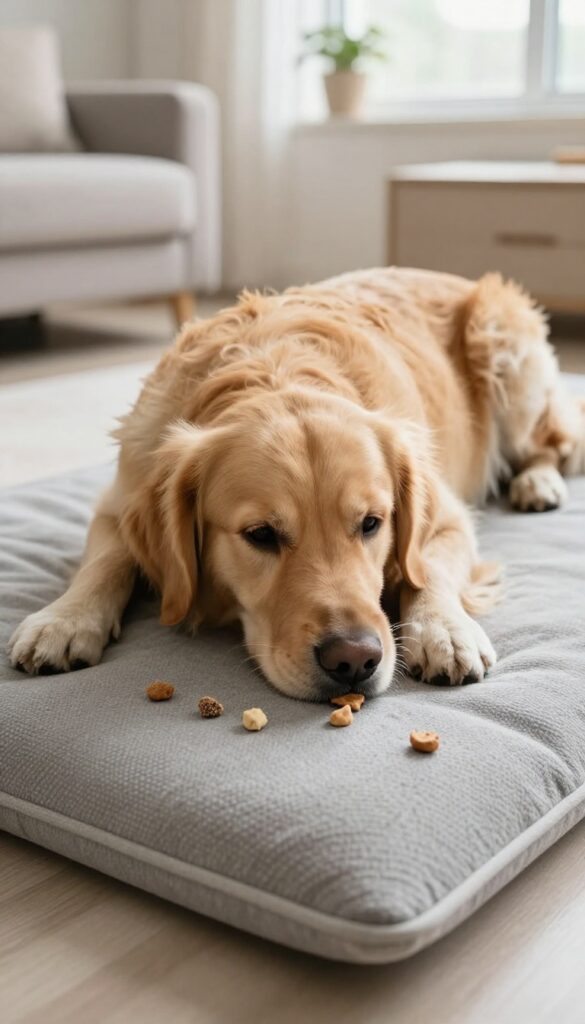 A calm golden retriever sniffing treats scattered on a soft mat in a bright living room.
