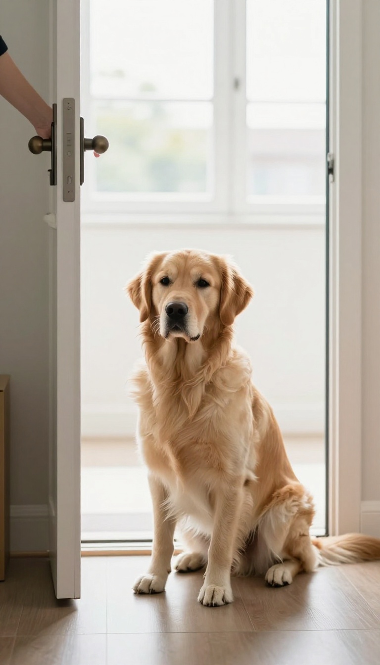 A dog calmly staying by the door during a doorbell drill training session.