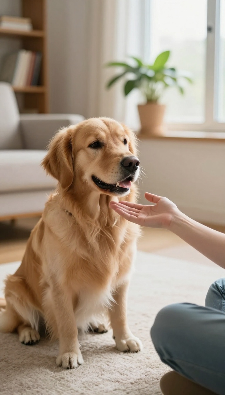 A calm dog resting on a rug after a training session, with an owner's hand giving a release cue.