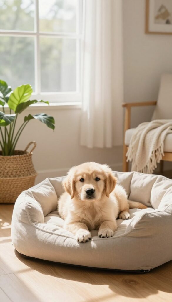 Golden retriever puppy lying calmly on a mat in a bright living room