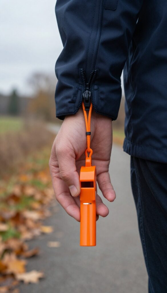 Hand holding a bright orange whistle clipped to a jacket zipper in low light, with an autumn path in the background