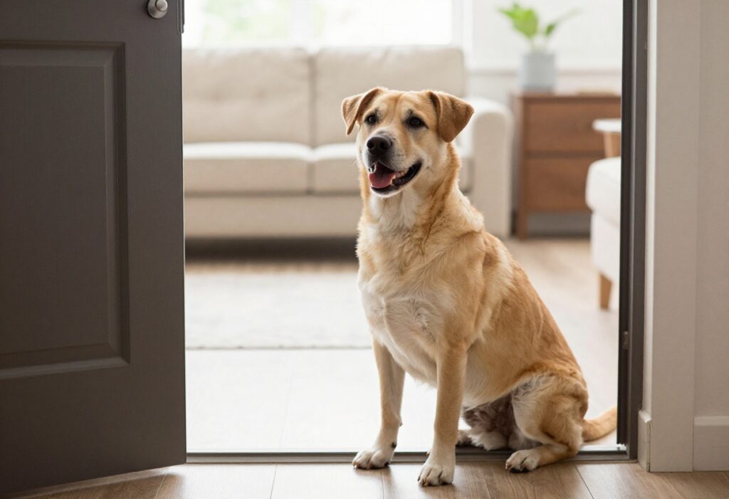 Dog sitting patiently at an open door, waiting for a cue from its owner