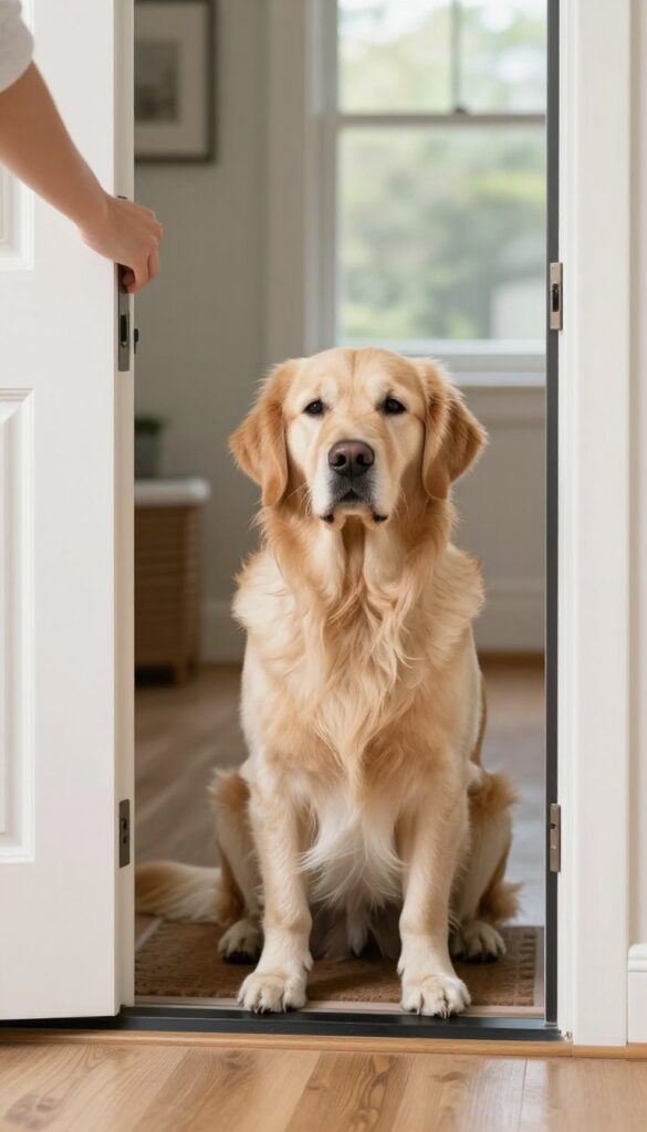 Dog sitting calmly at an open front door, waiting patiently, in a bright entryway.
