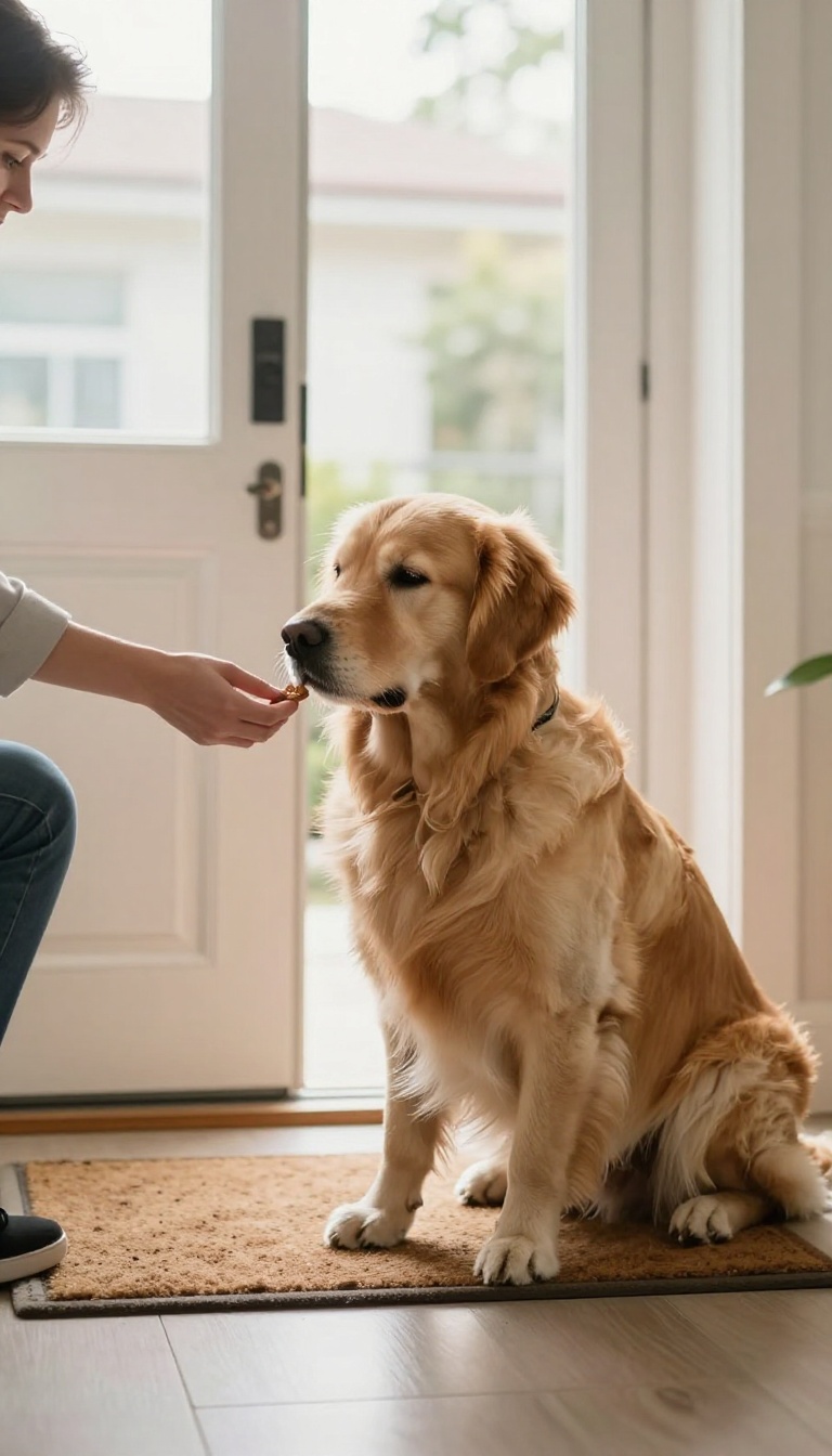 A calm golden retriever sitting indoors near a door, receiving a treat from a hand, in a bright entryway.