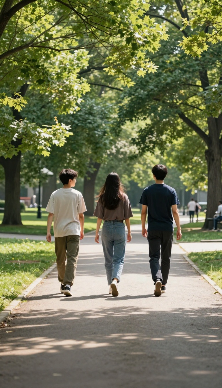 Three friends walking single file on a narrow park path to let a jogger pass