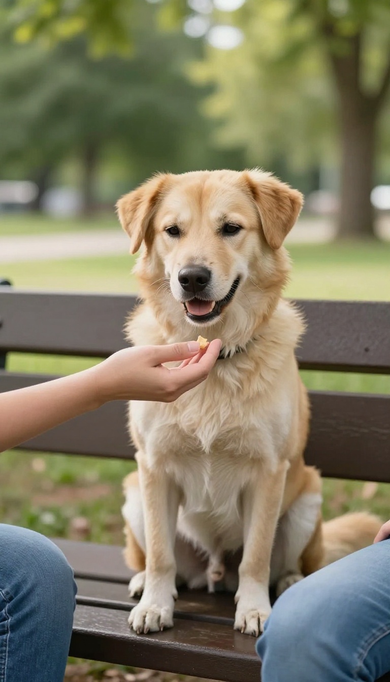 A calm rescue dog on a park bench with a person offering a treat, symbolizing slow socialization and trust-building.
