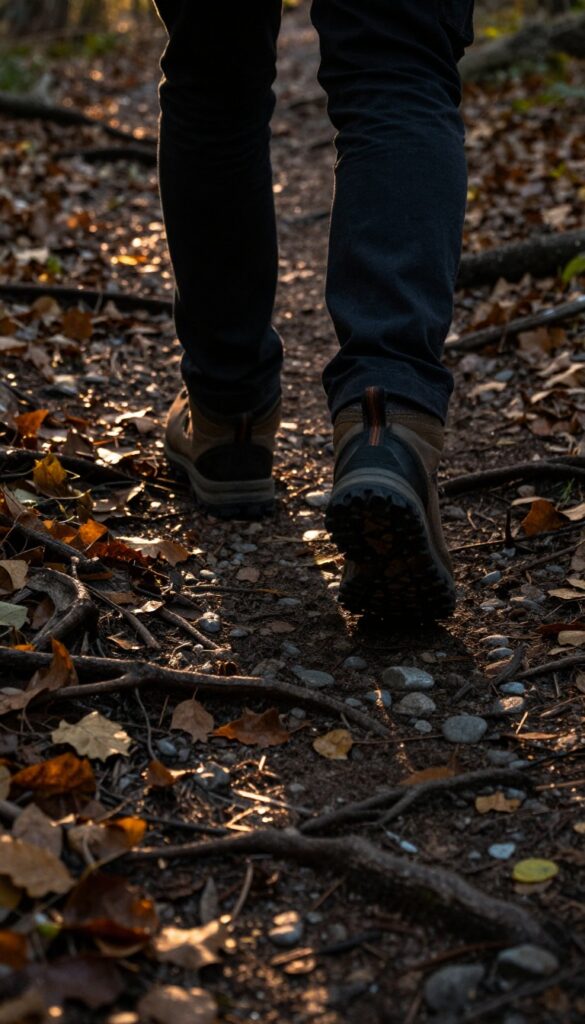 Person walking carefully on uneven forest path in low light, autumn leaves and roots visible.