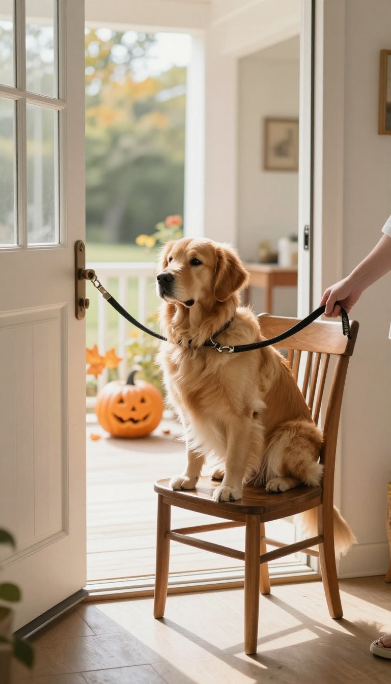 A golden retriever on a leash near a front door with a pumpkin outside, emphasizing control during Halloween.