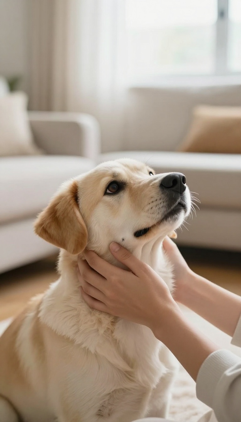 Hands gently cradling a rescue dog's face in a warm, sunlit room, symbolizing love and trust.