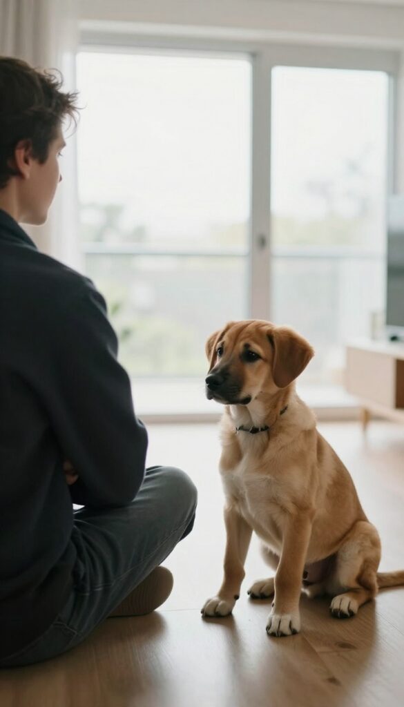 Person turning back and crossing arms while puppy sits calmly on the floor