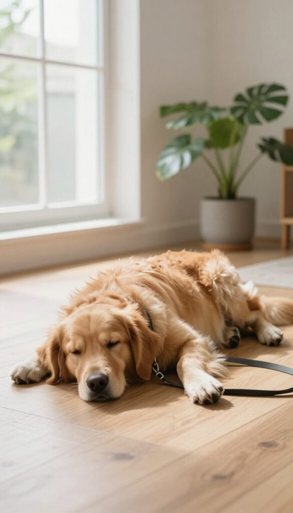 A calm dog lying on a leash on a wooden floor in a bright, peaceful room
