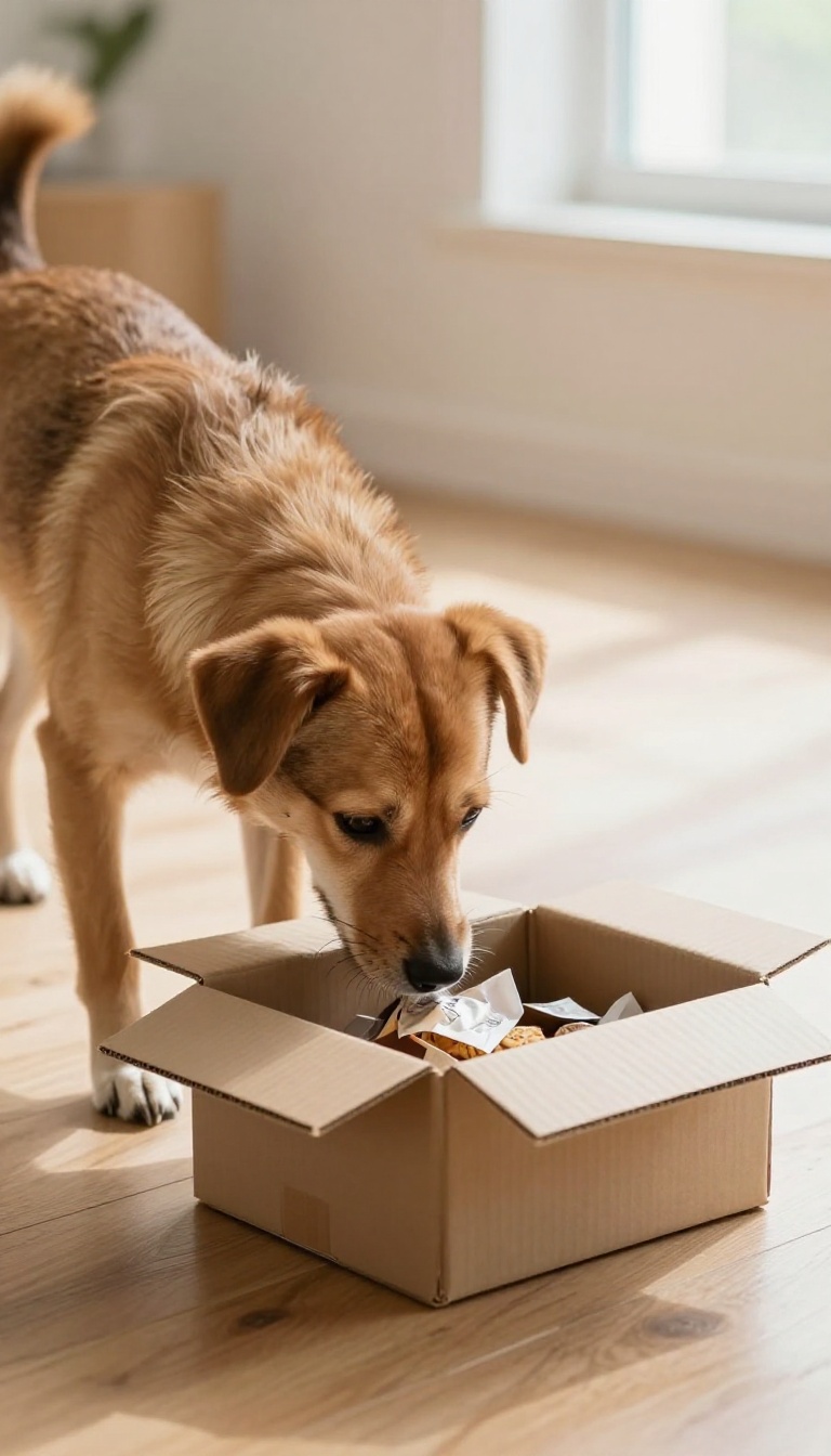 A shy dog sniffing a cardboard box with treats inside for a nose work game