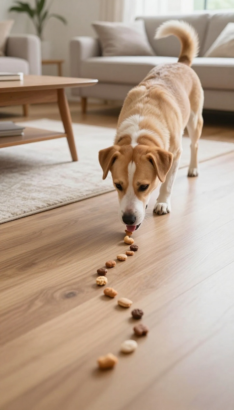 Dog following a winding scent trail of treats around furniture in a bright living room