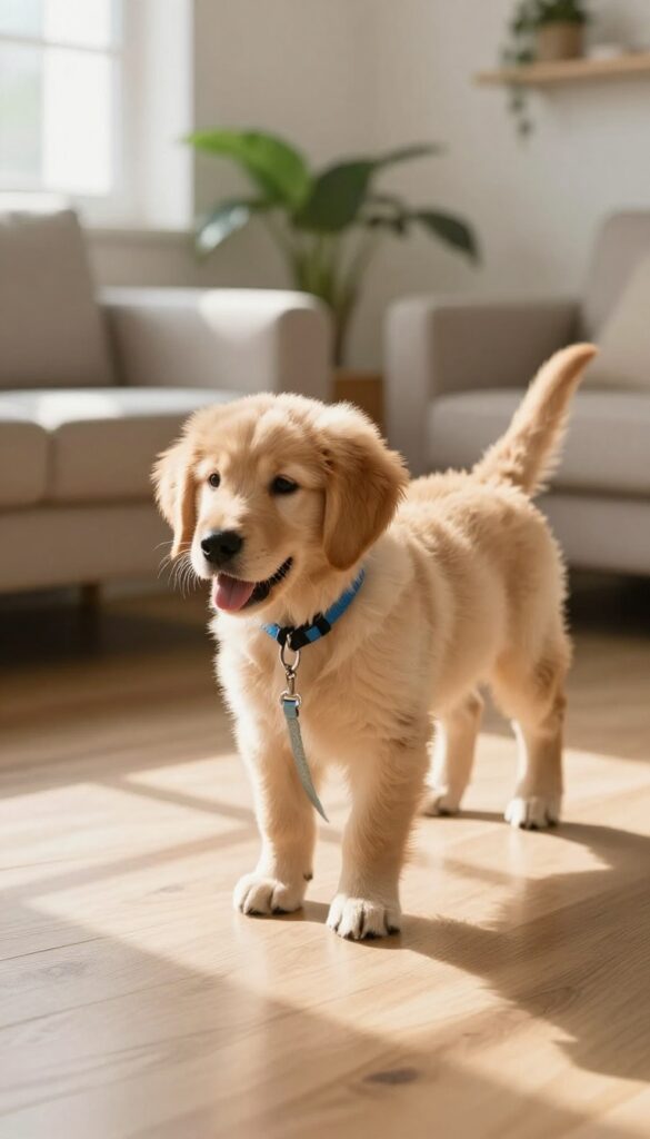 A puppy walking calmly on a leash indoors in a bright living room, demonstrating indoor leash training.