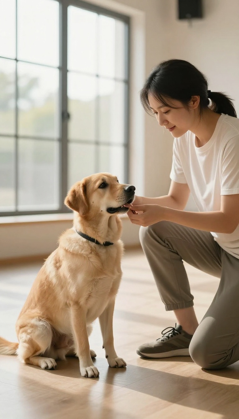 A dog trainer calmly working with a relaxed dog in a sunlit training room, emphasizing positive reinforcement and professional guidance.