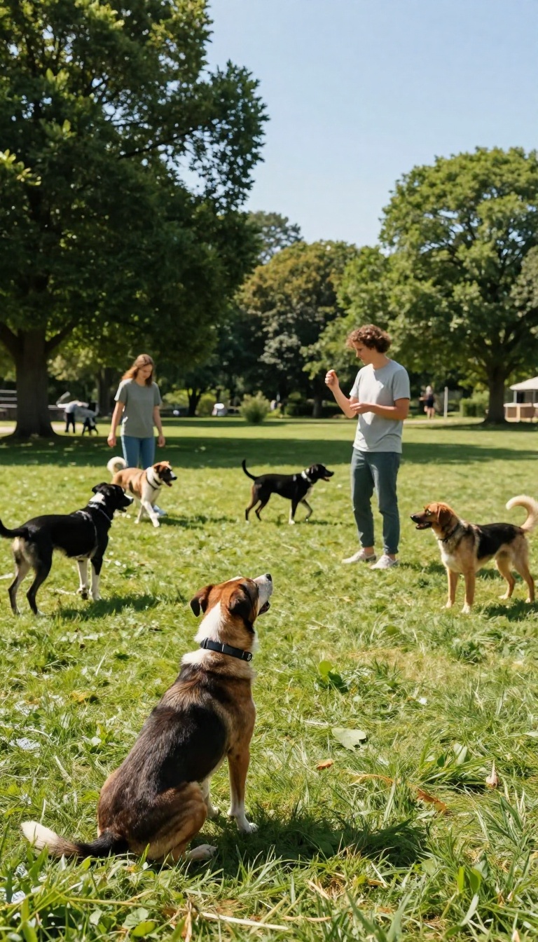 Dog training in a park with multiple dogs and owners in a circle, one dog focused on its owner