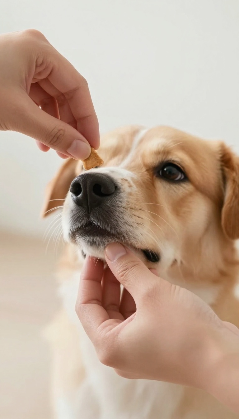 A hand holding a treat slightly late while a dog waits, illustrating the timing rewards mistake in dog training.