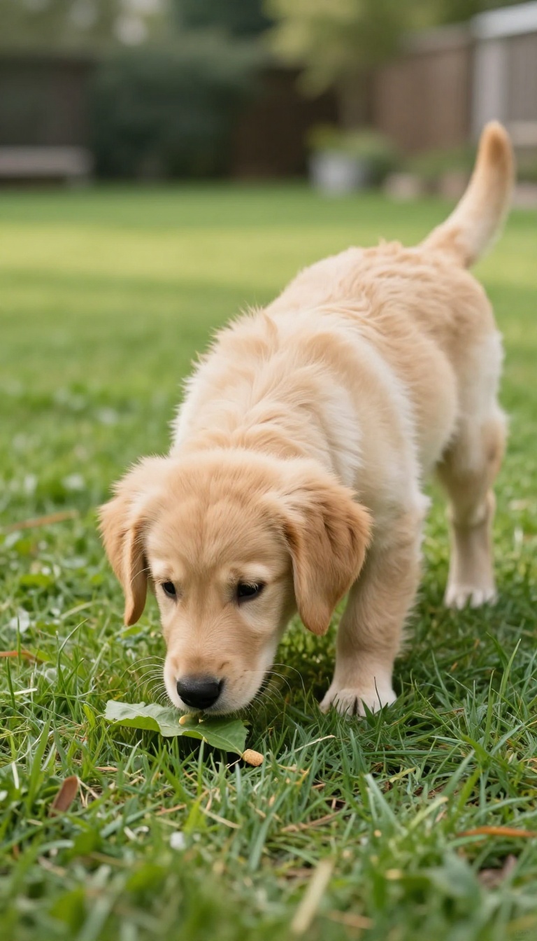 Puppy playing find it nosework game in a sunny backyard