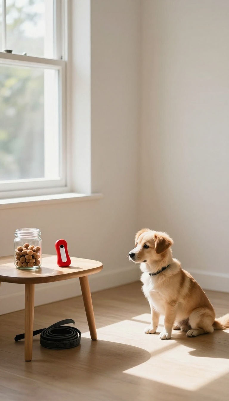 Dog training tools neatly organized on a side table with a dog waiting nearby