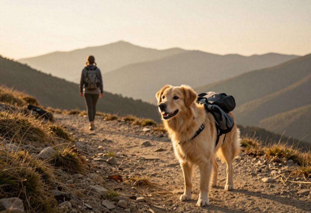 Dog with backpack on a mountain trail, ready for hiking