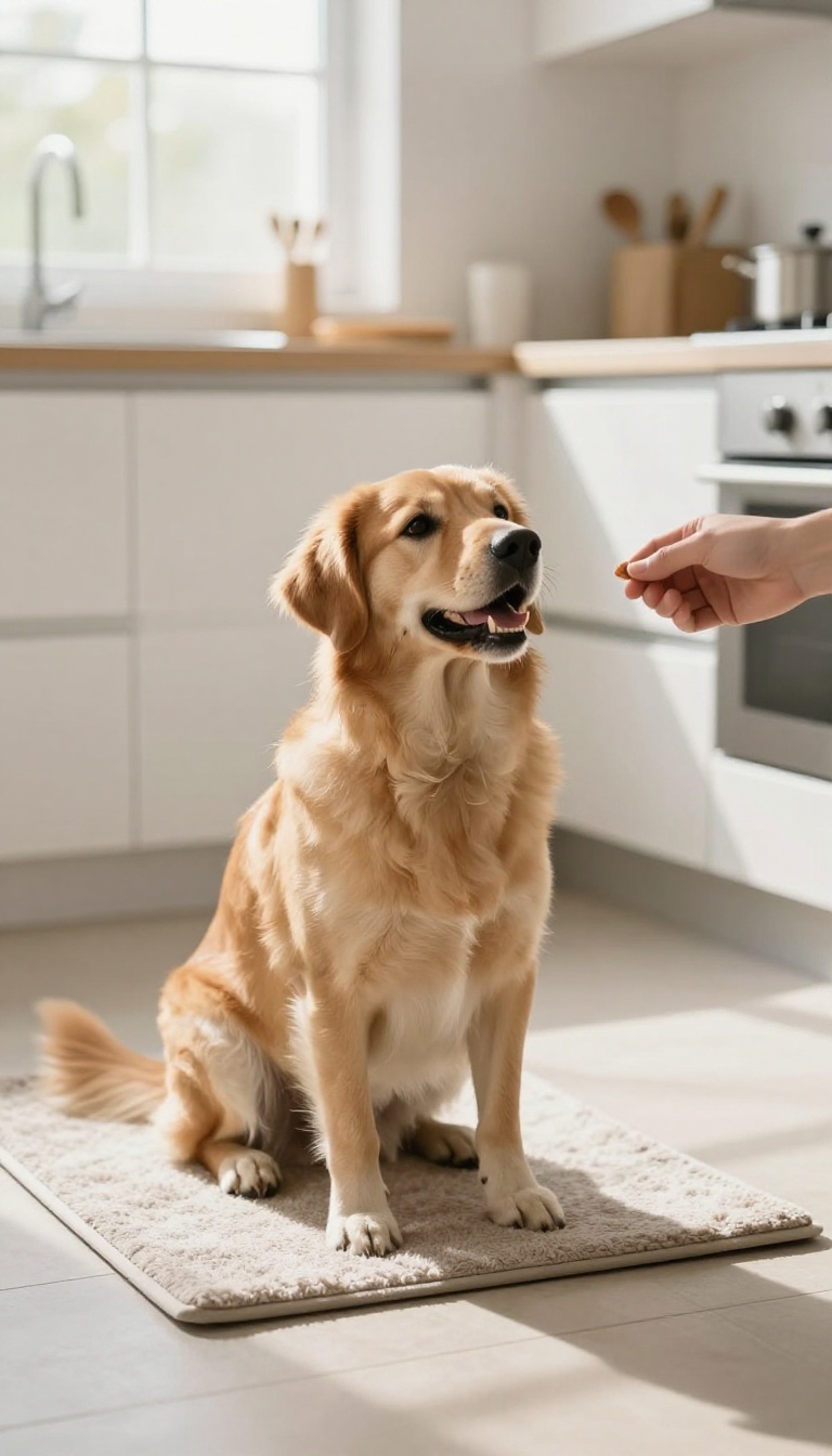 Dog practicing the 'out' cue, moving away from the kitchen counter toward a treat tossed by a person's hand.