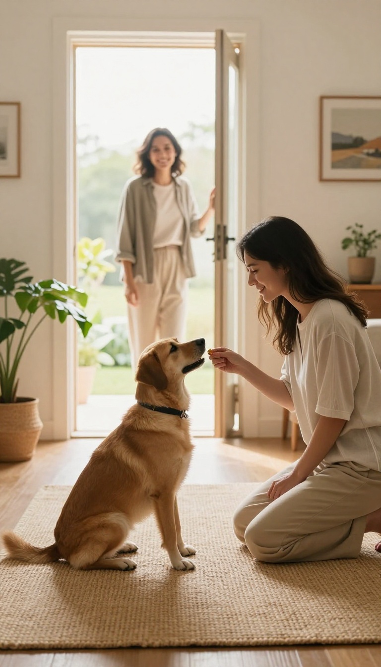 Adult dog calmly sitting on a mat by the front door while a person greets a visitor