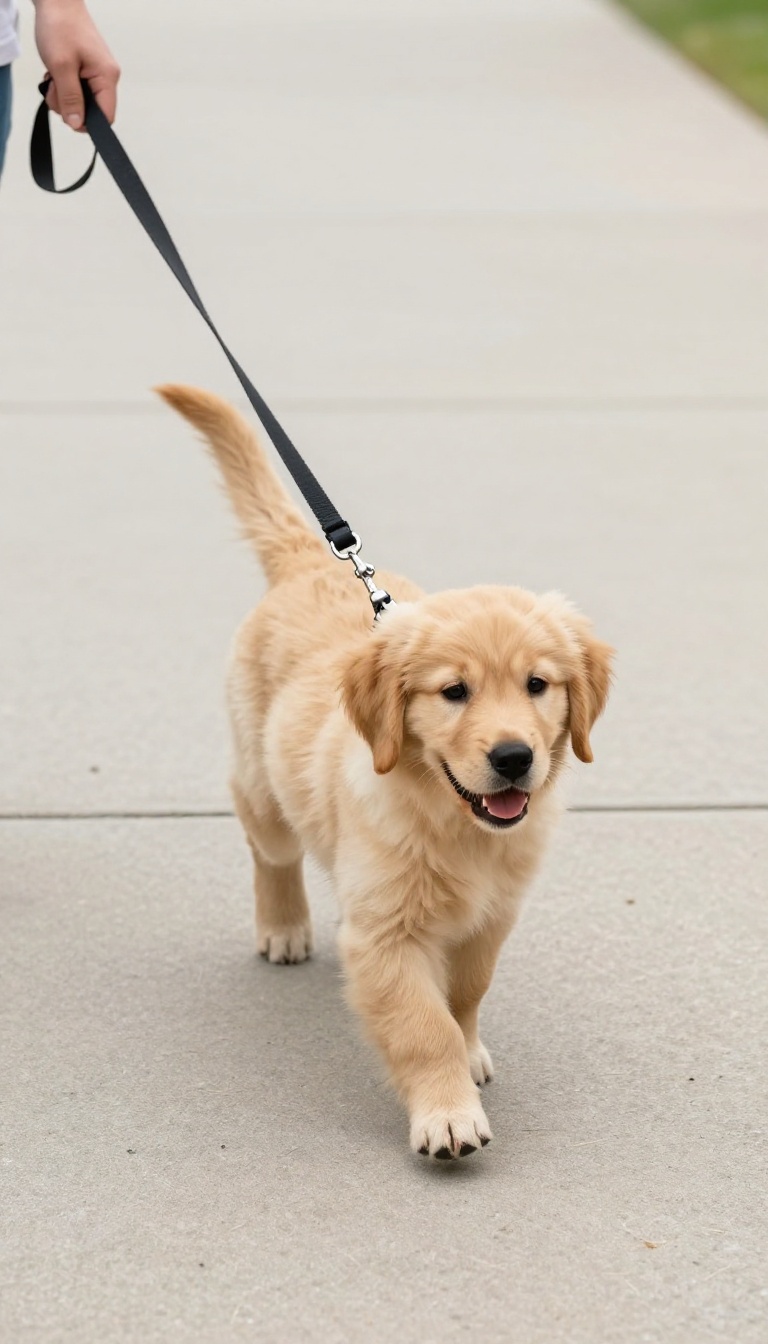 Puppy walking on a leash looking back at owner during a red light green light game