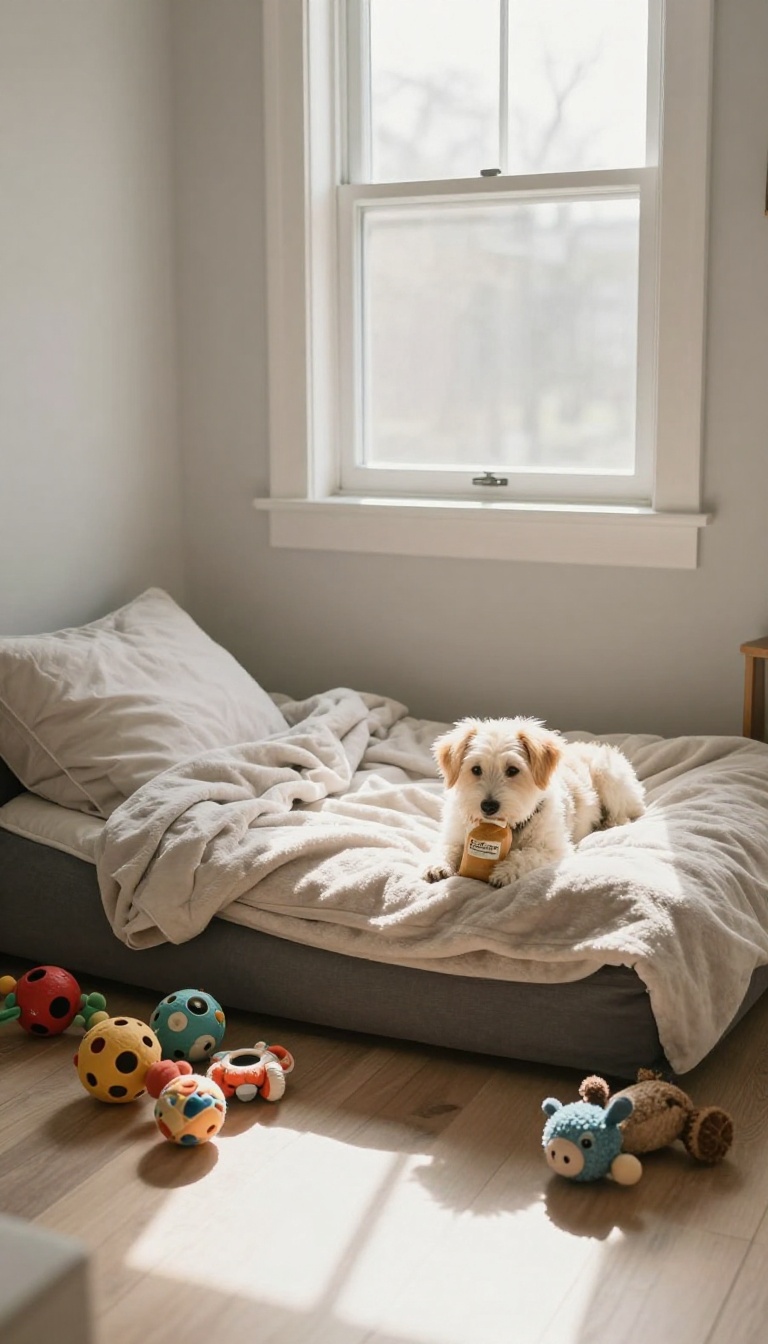 A calm dog safe zone setup in a cozy bedroom with a bed, toys, and a treat puzzle, away from the front door.