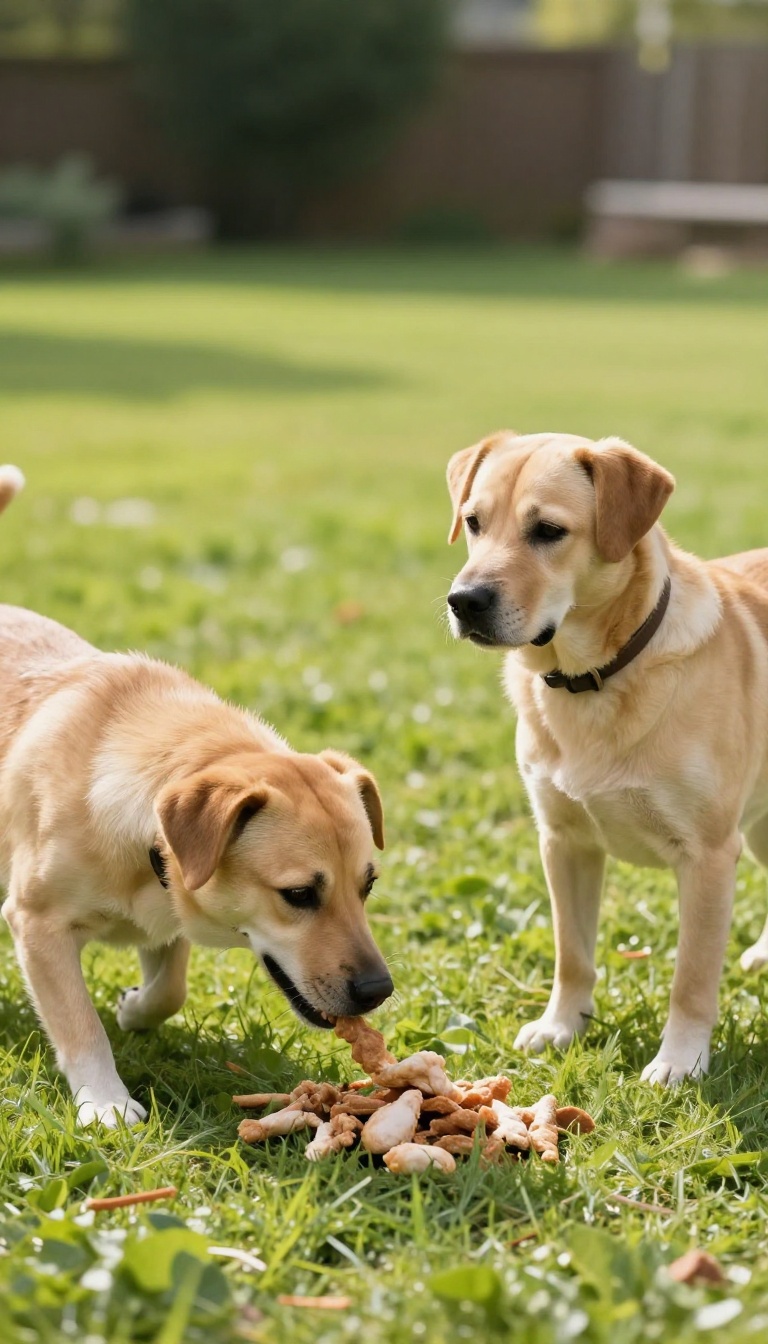 Dog choosing to leave scattered treats on grass and come when called, rewarded with chicken by owner in bright outdoor setting.