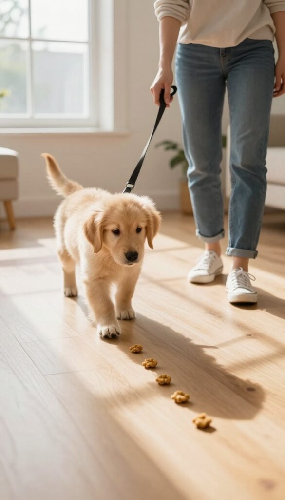 Puppy walking past a line of treats on the floor during a leave it training game, looking at its owner for a reward.