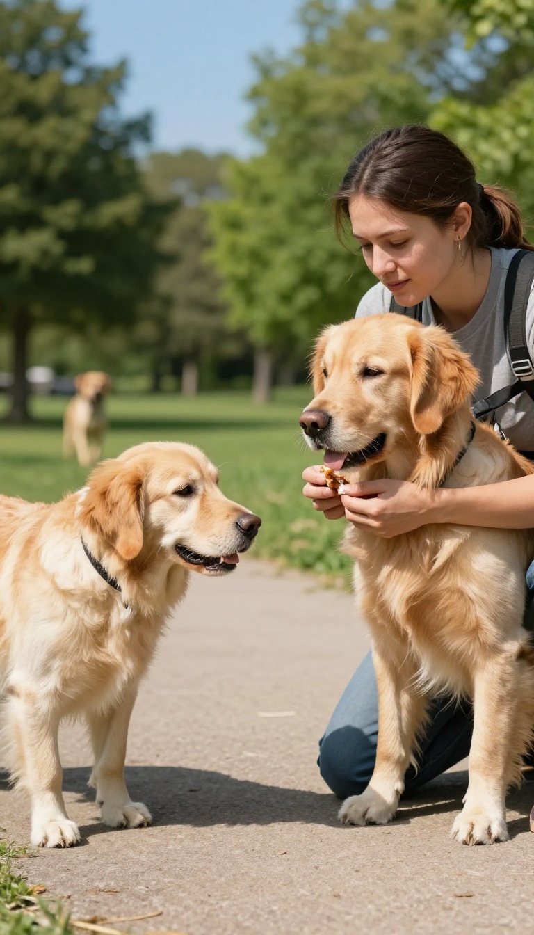 A dog trainer practicing the 'leave it' command with a golden retriever in a park while another dog is in the background.
