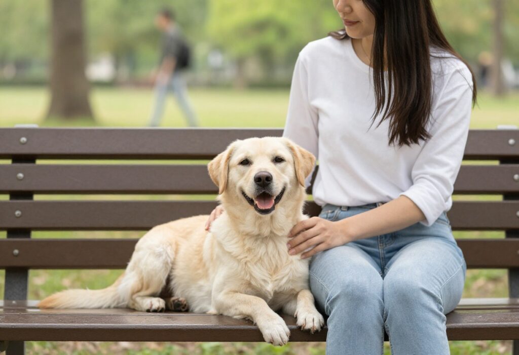 Dog calmly sitting with owner as a stranger passes by in the park