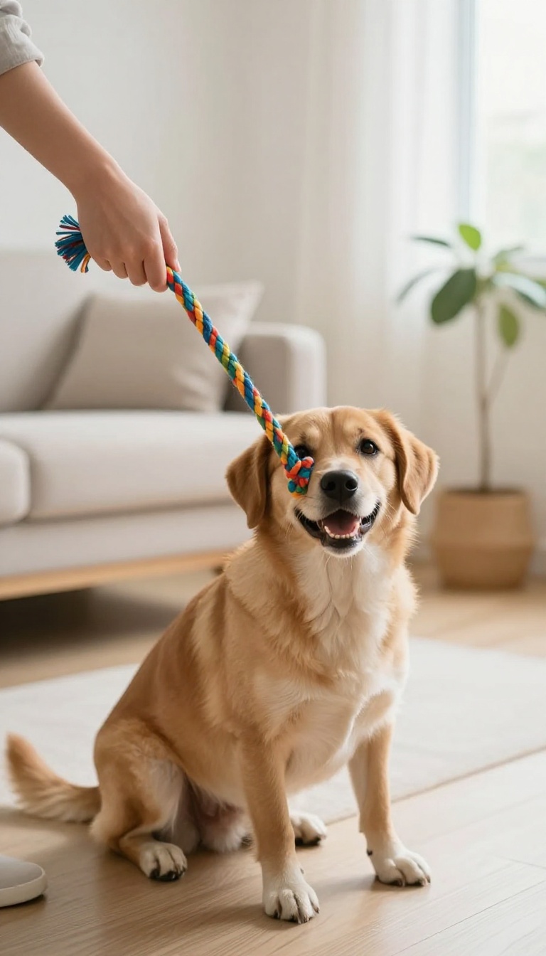 Person playing a structured tug-of-war game with a dog indoors, teaching drop and take commands.