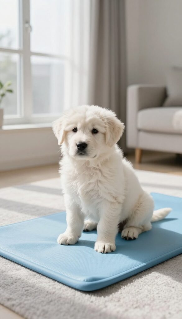 A calm puppy sitting on a training pad in a bright room, representing patience and consistency in potty training.