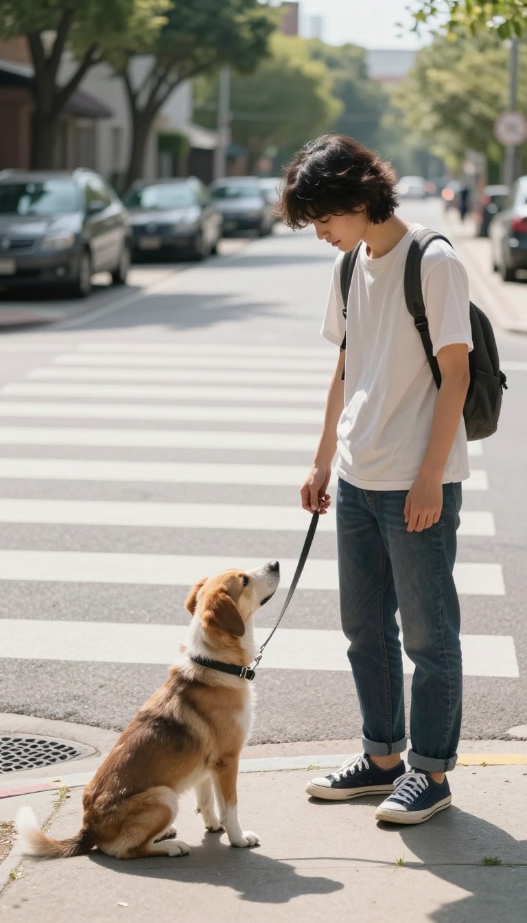 Person and puppy sitting calmly at a street curb during a training session