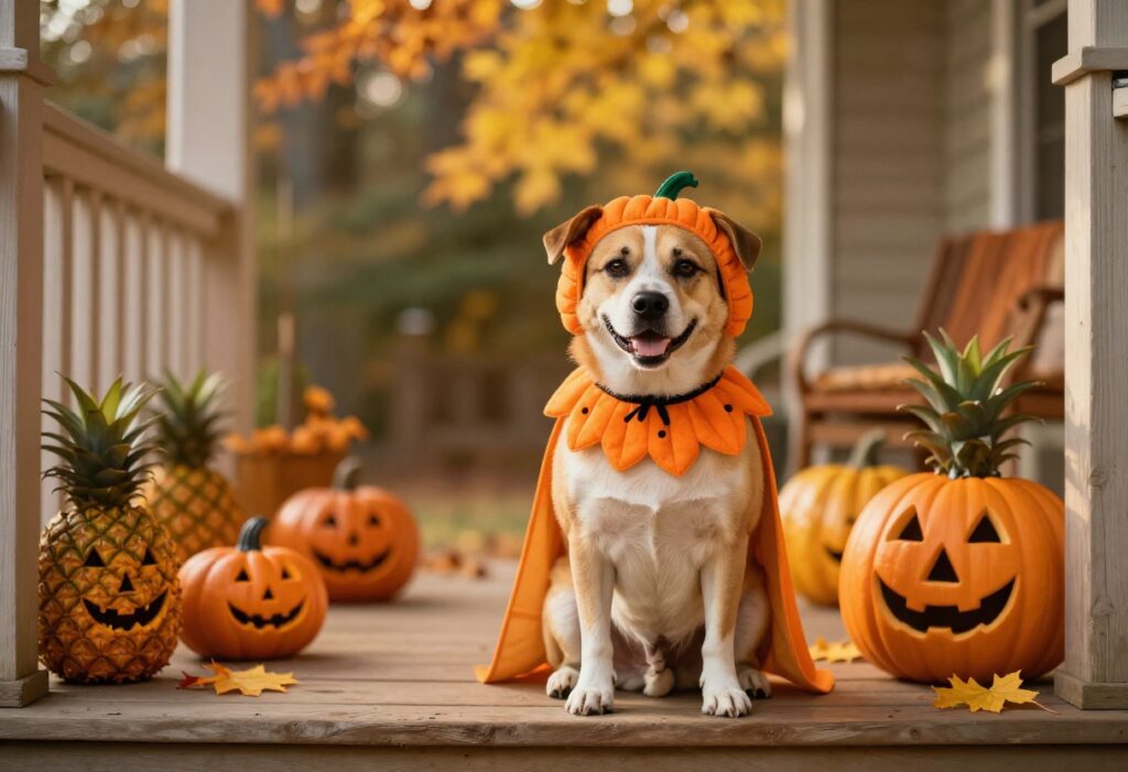 Happy dog wearing a Halloween costume sitting on a porch with pumpkins