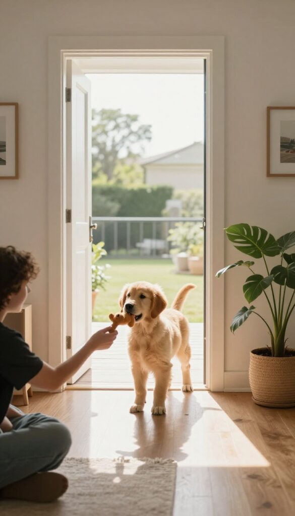 Golden retriever puppy holding a toy at a doorway, with a hand offering a treat, in a sunlit room.