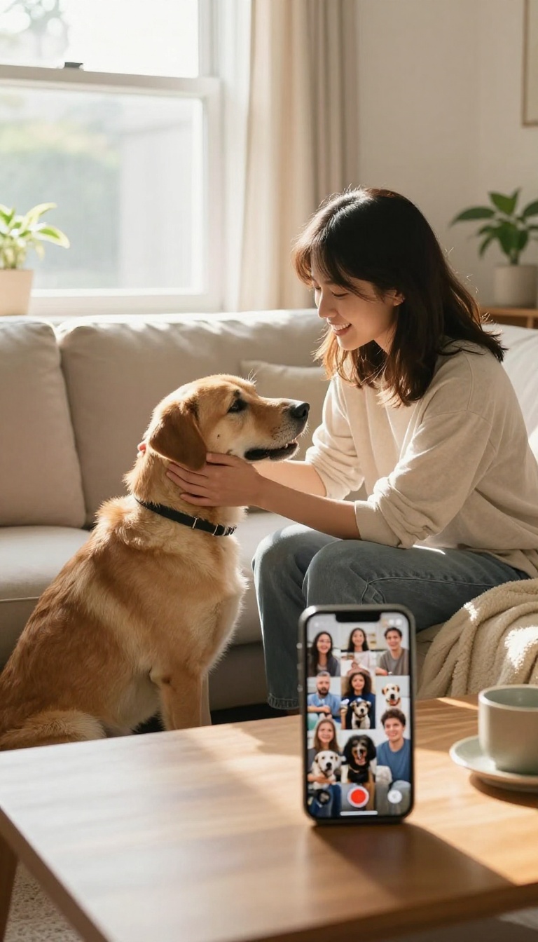 Person sitting on a couch with a rescue dog, watching a video call with other dog owners on a smartphone, in a bright, cozy living room.