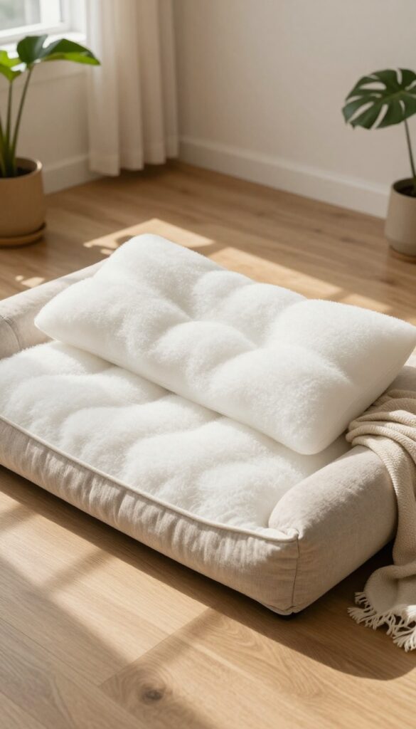 Hand placing a fresh white pillow insert into a dog bed cover in a bright living room