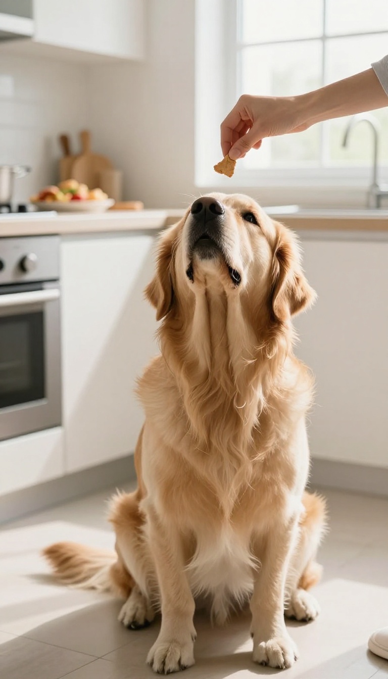 A dog patiently waiting for a treat while the owner signals 'leave it' in a bright kitchen.