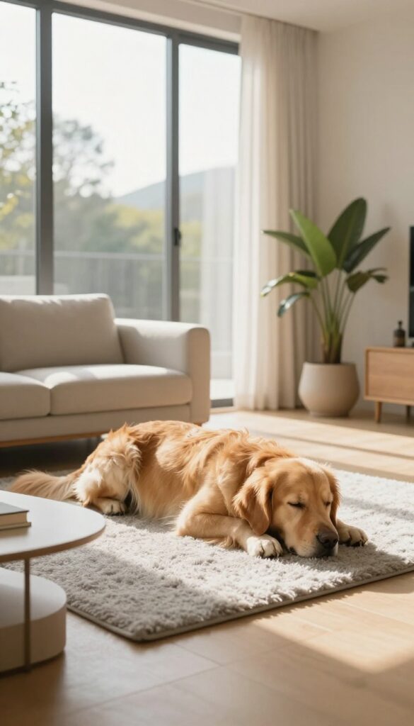 A calm dog lying on a mat in a bright living room during a short training session