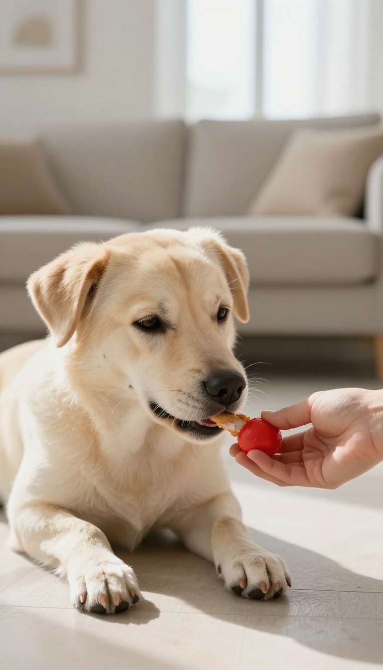 Dog dropping a toy in exchange for a treat during a training session