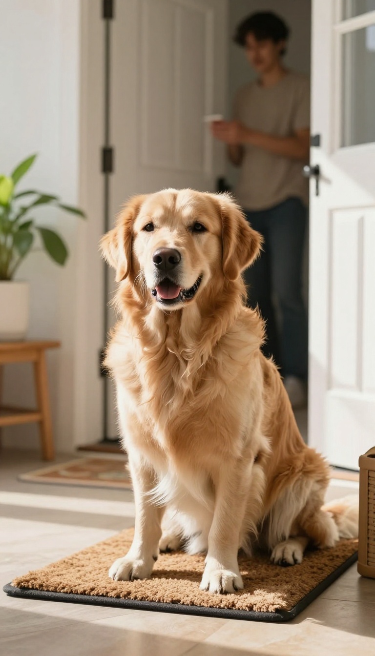 Calm dog waiting on mat by front door during a guest greeting