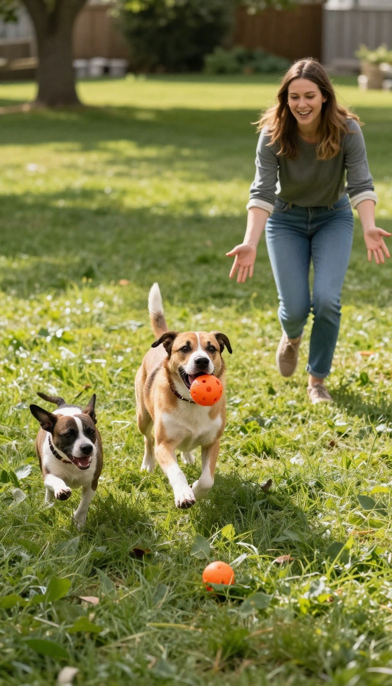 A dog drops a toy and chases its owner in a sunny backyard during the Drop and Dash game.