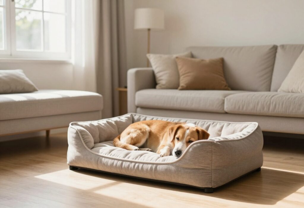 Small dog resting in a stylish, space-saving bed in a cozy apartment corner