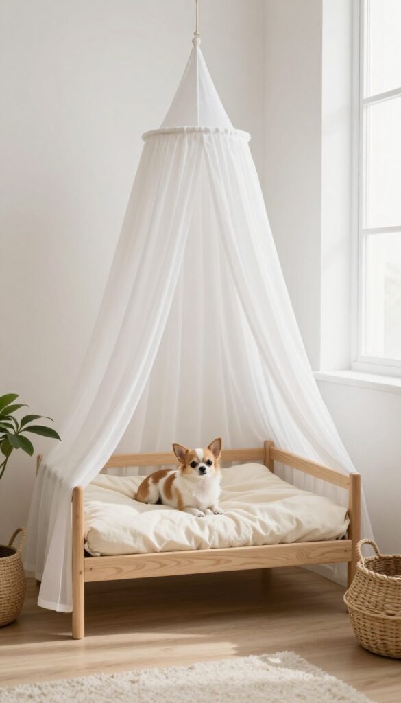 A small dog resting in a DIY canopy bed with sheer curtains and a plush cushion in a bright living room.